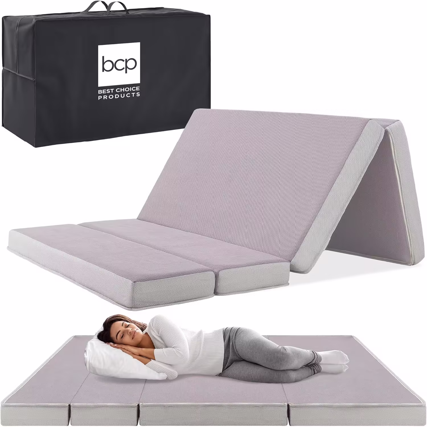 Best Choice Products 4in Portable Queen-Size Mattress, Tri-Fold Mattress for Camping, Guest, Toddler, Foam Plush w/Carry Case - Grey