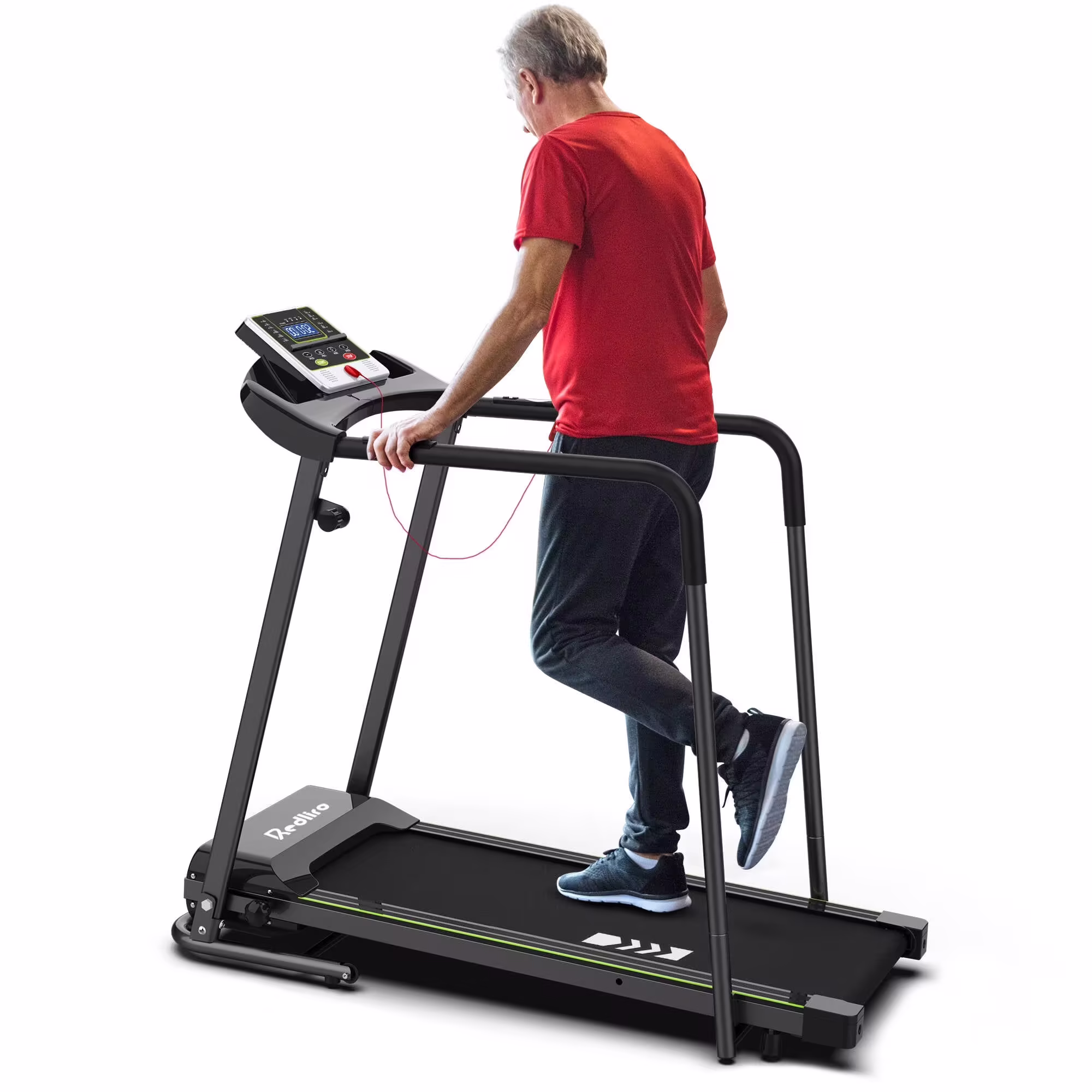 Redliro Treadmill for Seniors with Long Handrails - Recovery Treadmill for Walking 300 lbs Weight Capacity - Walking Treadmill Elderly with Desk & Cup Holder (Glossy Black)