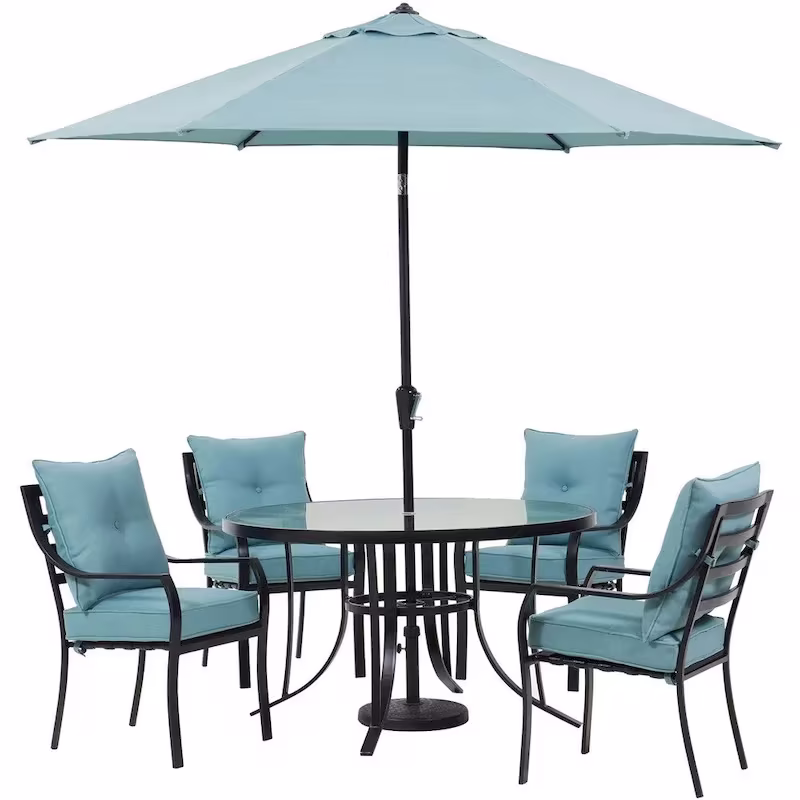 Hanover Lavallette 5-Piece Dining Set in Ocean Blue with 4 Stationary Chairs, 52-In. Round Glass-Top Table, Umbrella, and Base