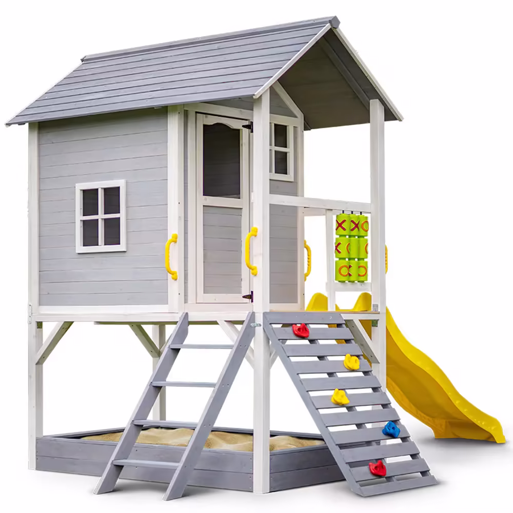 ROVO KIDS Wooden Tower Cubby House with Slide, Sandpit, Climbing Wall, Noughts & Crosses