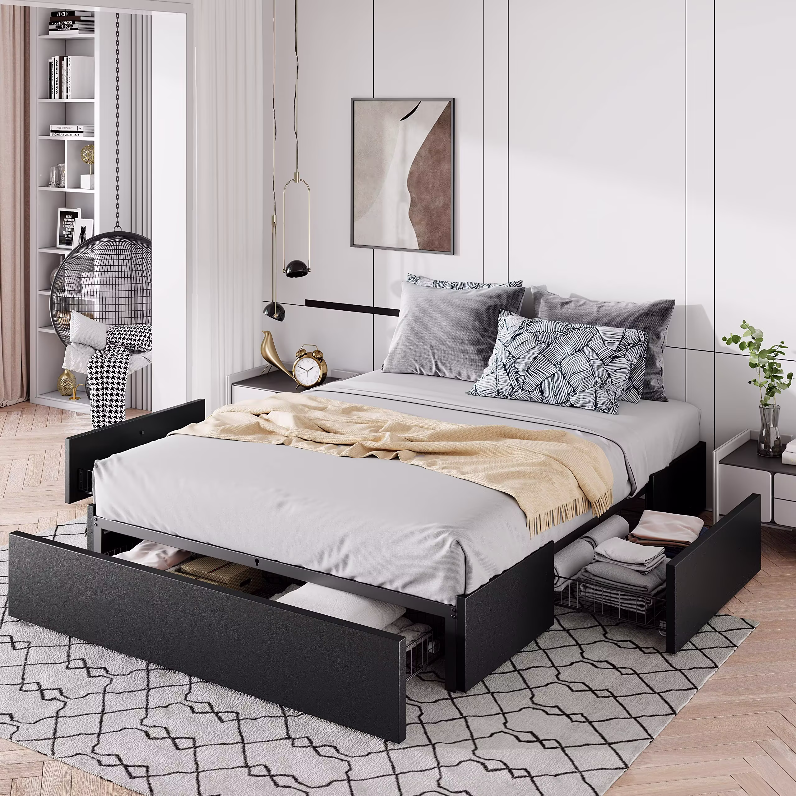 Allewie Queen Size Platform Bed Frame with 3 Storage Drawers