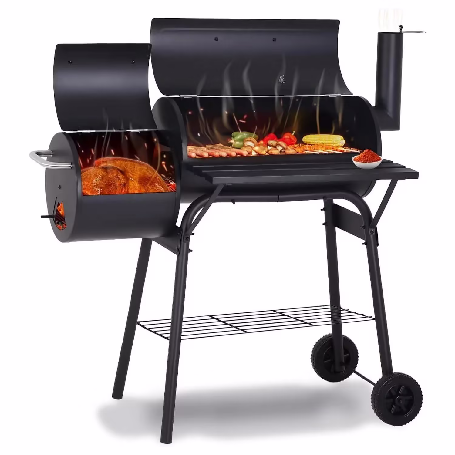 Vebreda Portable Charcoal BBQ Grill with Offset Smoker, Steel, Black, Thermometer, Wheels