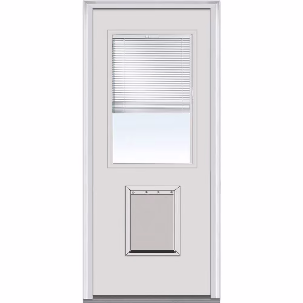 National Door Company Steel Exterior Door, Primed, 1/2 Lite with Clear Glass Internal Blinds & Pet Door, Right Hand Inswing, 32′′x80′′