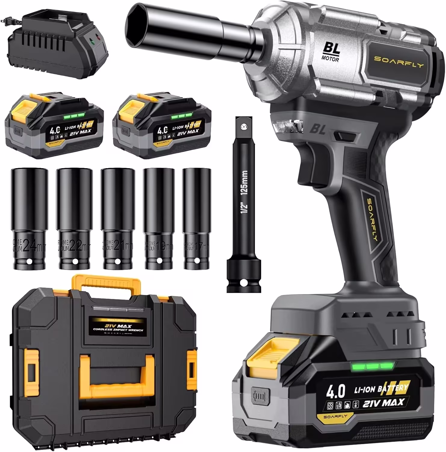 Cordless Impact Wrench, 1200Nm(900ft-lbs) High Torque 1/2'' Impact Wrench, 21V Brushless Electric Impact Gun with 2Pcs 4.0Ah Batteries, 1 Hour Fast Charger, 5 Sockets, Power Impact Driver for Car Home