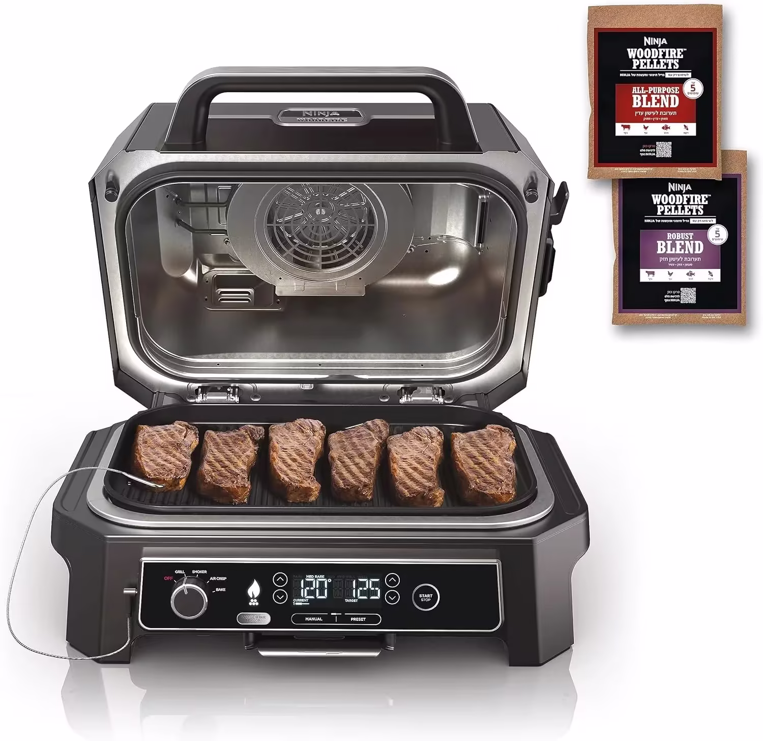 7-in-1 Grill & Smoker with Thermometer, Air Fryer, BBQ, Bake, Roast, Broil - Portable Electric Outdoor Grill, Grey