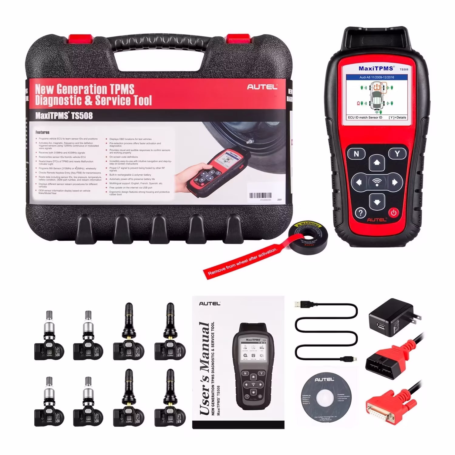 Autel MaxiTPMS TS508K TPMS Diagnostic Service Tool, Interchangeable valves with With 4 Pcs 315MHz MX Sensor & 4 Pcs 433MHz MX Sensor