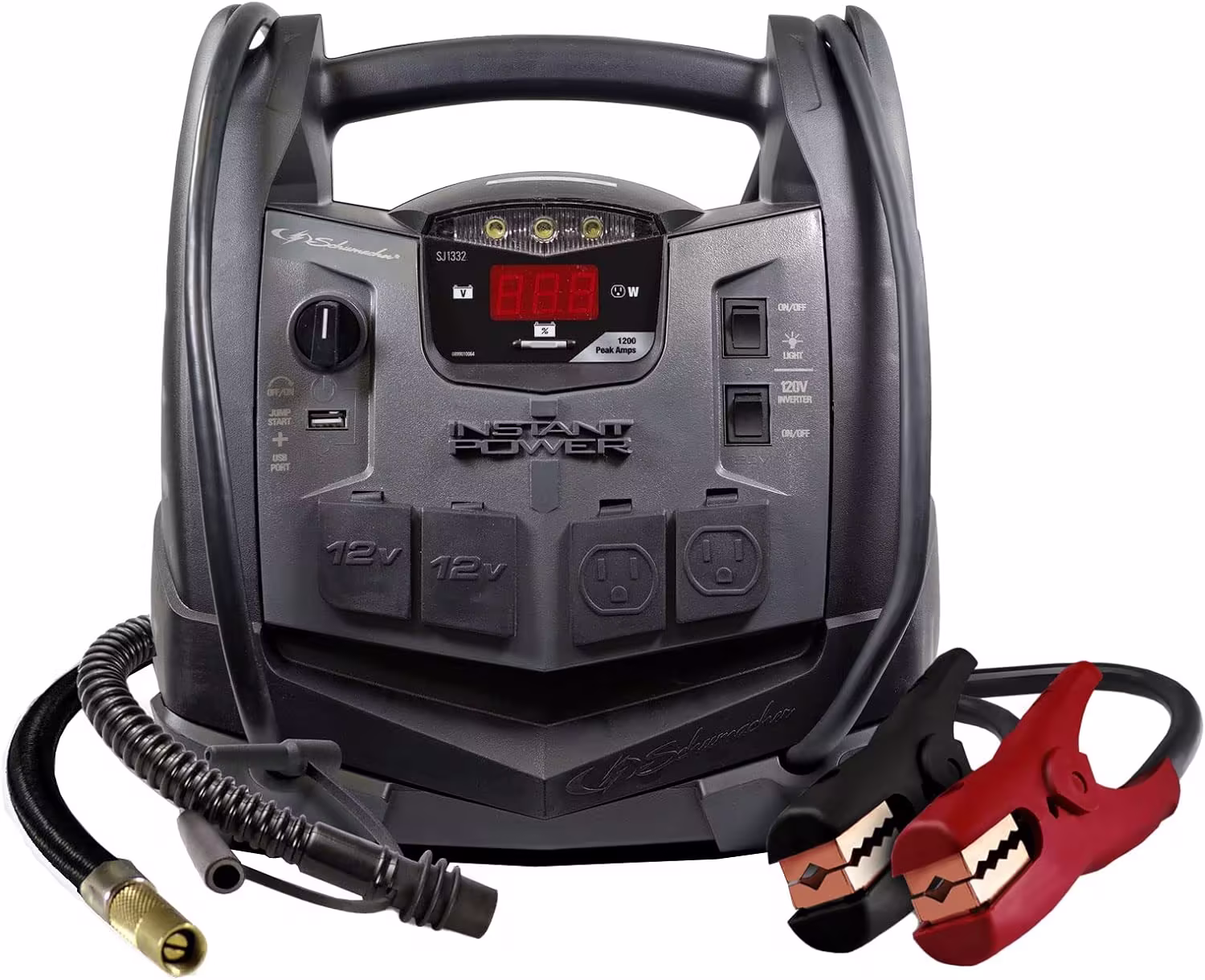 SJ1332 6-in-1 Portable Power Station and Jump Starter with 150-PSI Air Compressor and 200 Continuous/400 Peak Watt Power Inverter, 1200 Peak Amps, 12 Volts, Black, 1 unit