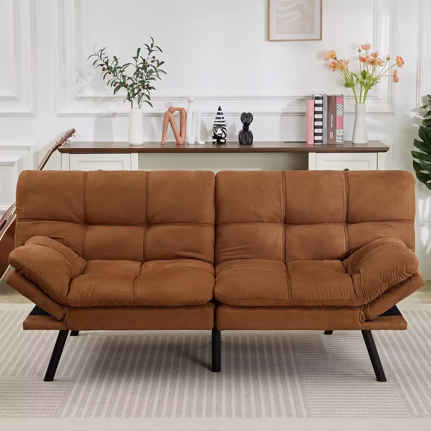 Amazon Basics Brown Loveseat,Convertible Couch Memory Foam Futon Sofa Bed Modern Sleeper Sofa for Small Compact Living Room,Office,Apartment, Linen Fabric