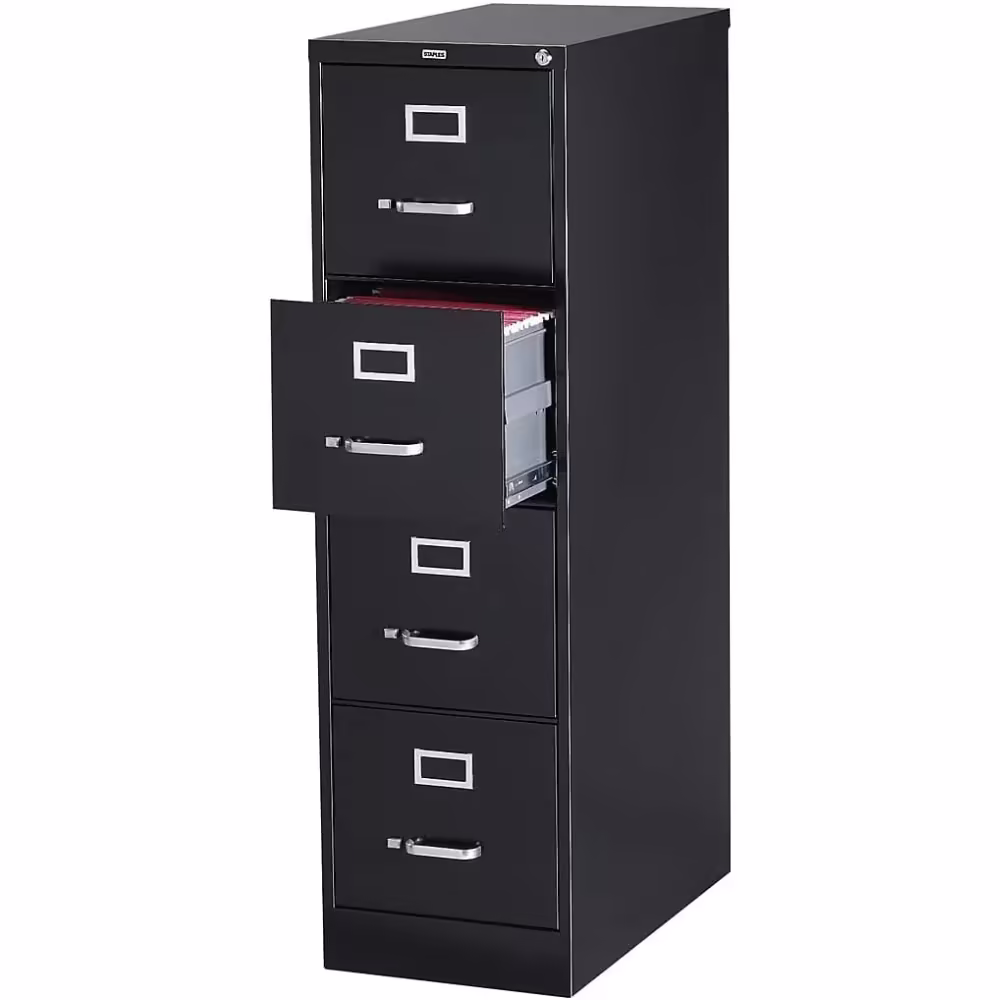STAPLES 4-Drawer File Cabinet, Lockable, Black, 25"D x 15"W