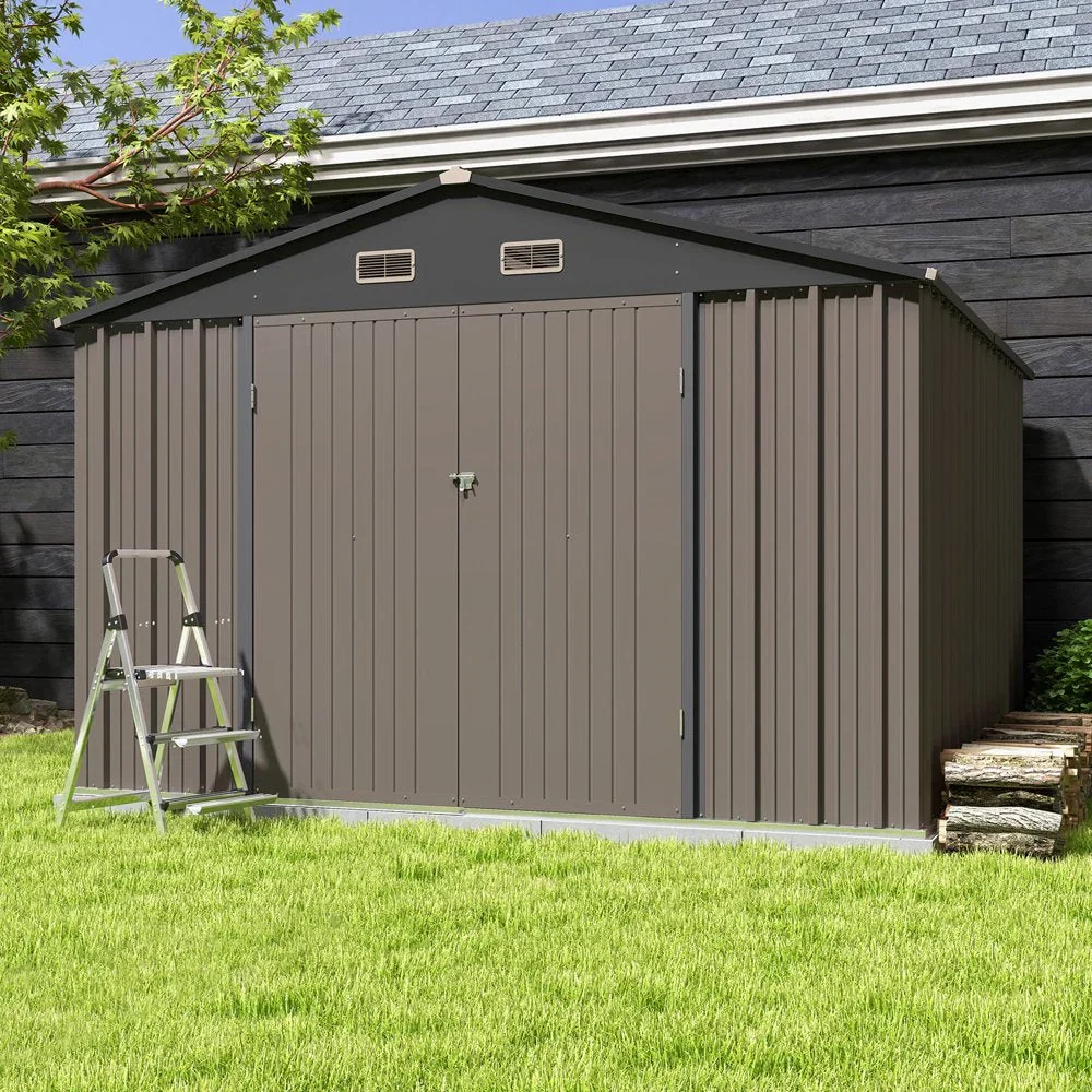 Patiowell 10×10 ft Metal Storage Shed, Sloping Roof, Double Lockable Doors, Galvanized Steel, Coffee Brown