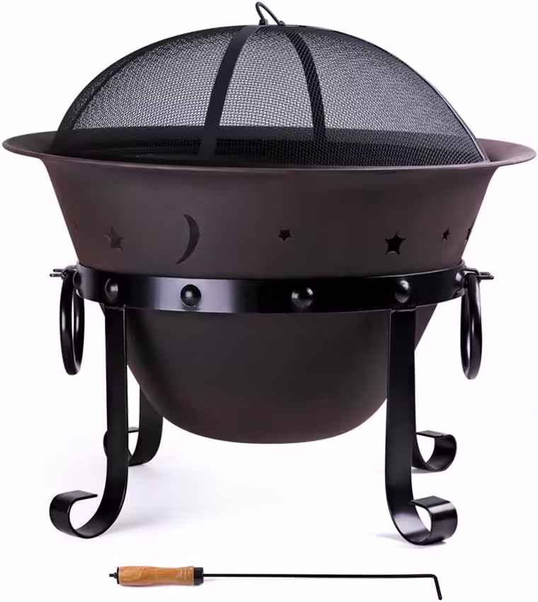 Cast Iron Fire Pits, Outdoor Round Wood Burning Fire Pit Bowl with Mesh Screen,Fireplace Poker,29 inch cast Iron Black