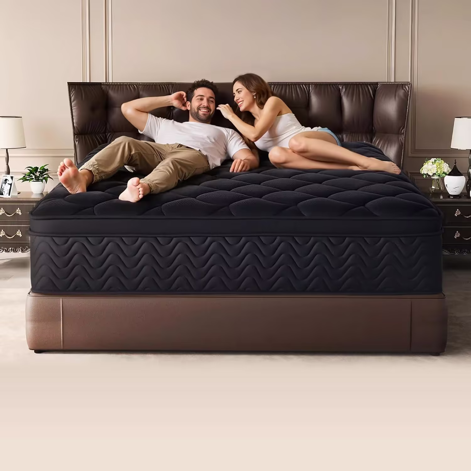 Premium 12 Inch King Mattress - Black Diamond Quilted, Individual Pocket Spring & Memory Foam Top, Cooling & Pressure Relief, Bed in a Box