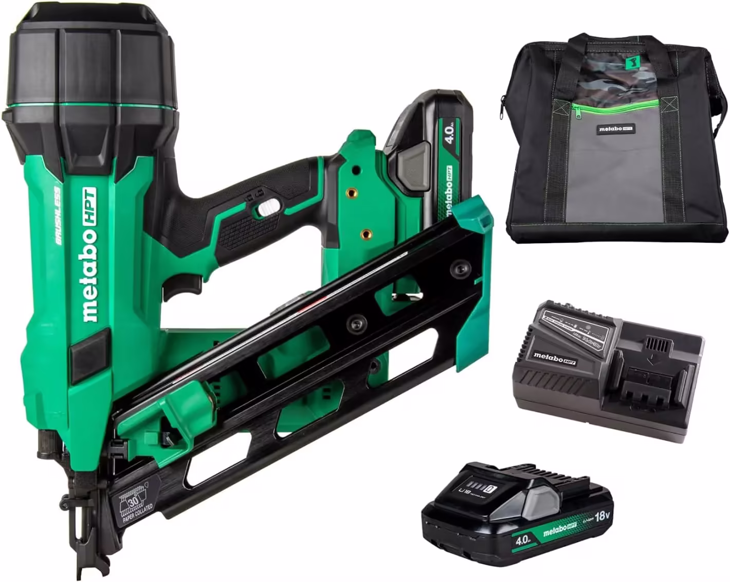18V multi-voltage cordless 30° paper tape measuring nail gun kit, 3-1/2 inch measuring nail gun, power tool, equipped with 4.0Ah lithium-ion battery, capable of driving 2" to 3-1/2" nails, powerful brushless motor
