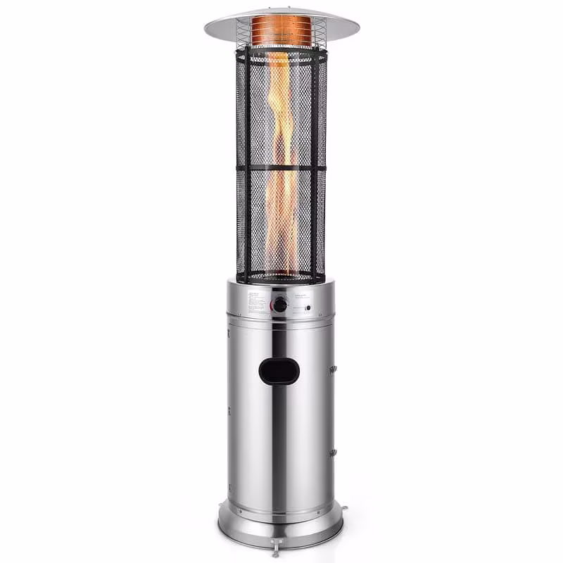 41000 BTU Standing Propane Patio Heater with Wheels, Stainless Steel Round Glass Tube Gas Outdoor Heater