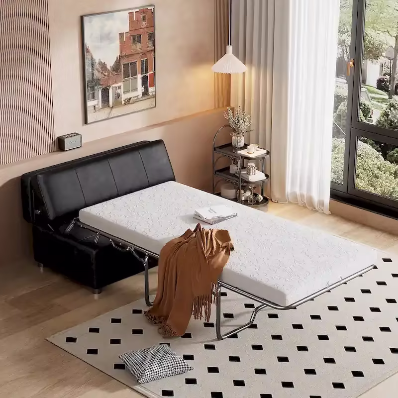 Twin Size Folding Pull out Ottoman Sleeper Bed with Mattress Convertible Guest Bed, PU Upholstered Sleeper Sofa