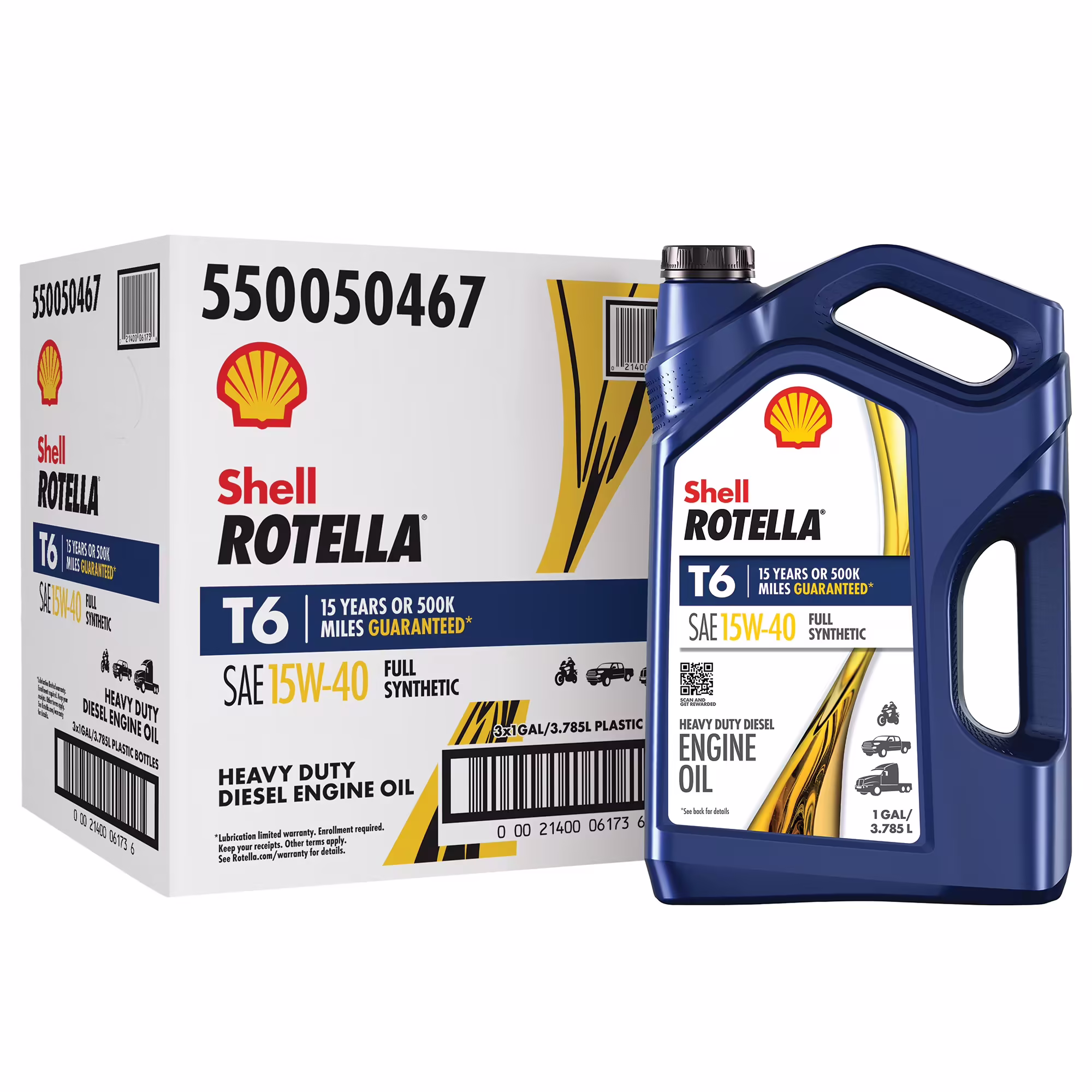 (3 Pack) Shell Rotella T6 Full Synthetic 15W - 40 Motor Oil, 1 Gallon (3 Pack)