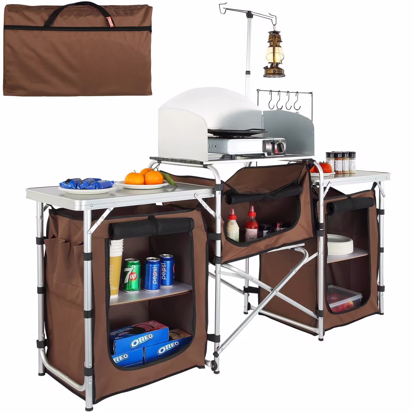 VEVOR Folding Camping Kitchen Table, Aluminum Cook Station, 3 Cupboards, Detachable Windscreen and Carry Bag, Brown