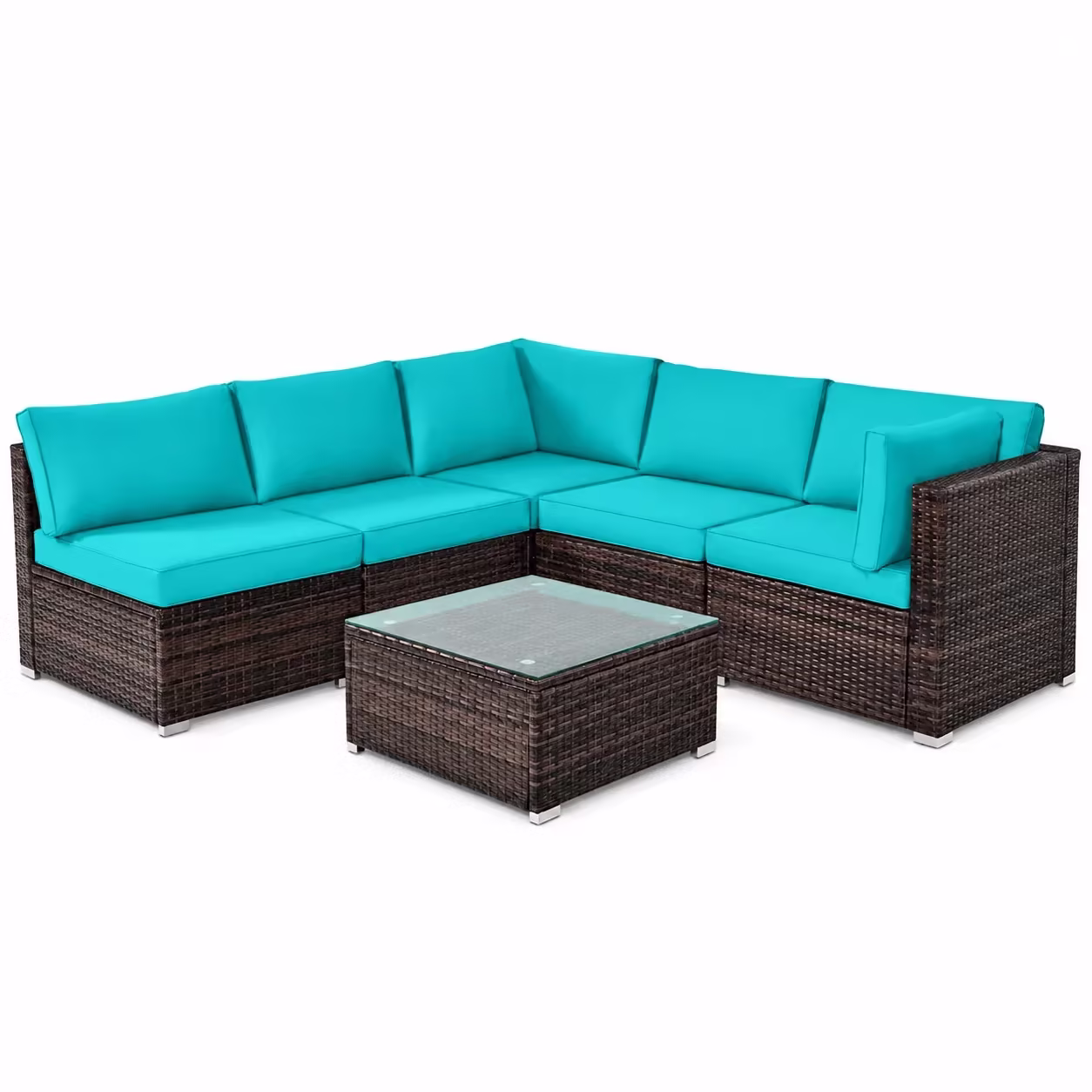 Patiojoy 6PCS Wicker Patio Sectional Conversation Furniture Set with Coffee Table & Seat Cushions Turquoise