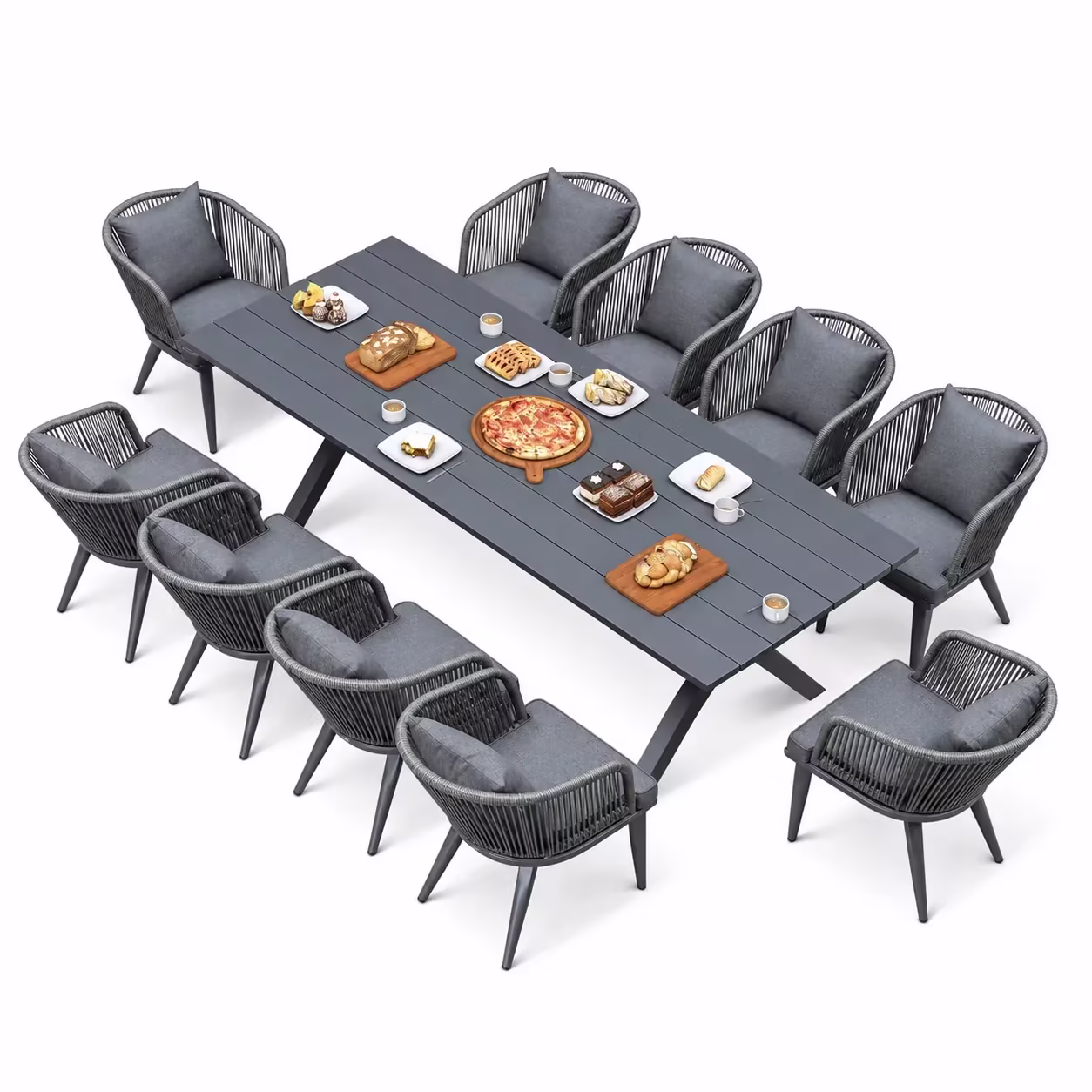 PURPLE LEAF 11 Pieces Patio Dining Set, Rectangular Aluminum Outdoor Table and 10 Wicker Chairs with Cushions for Garden Kitchen and Porch, Grey