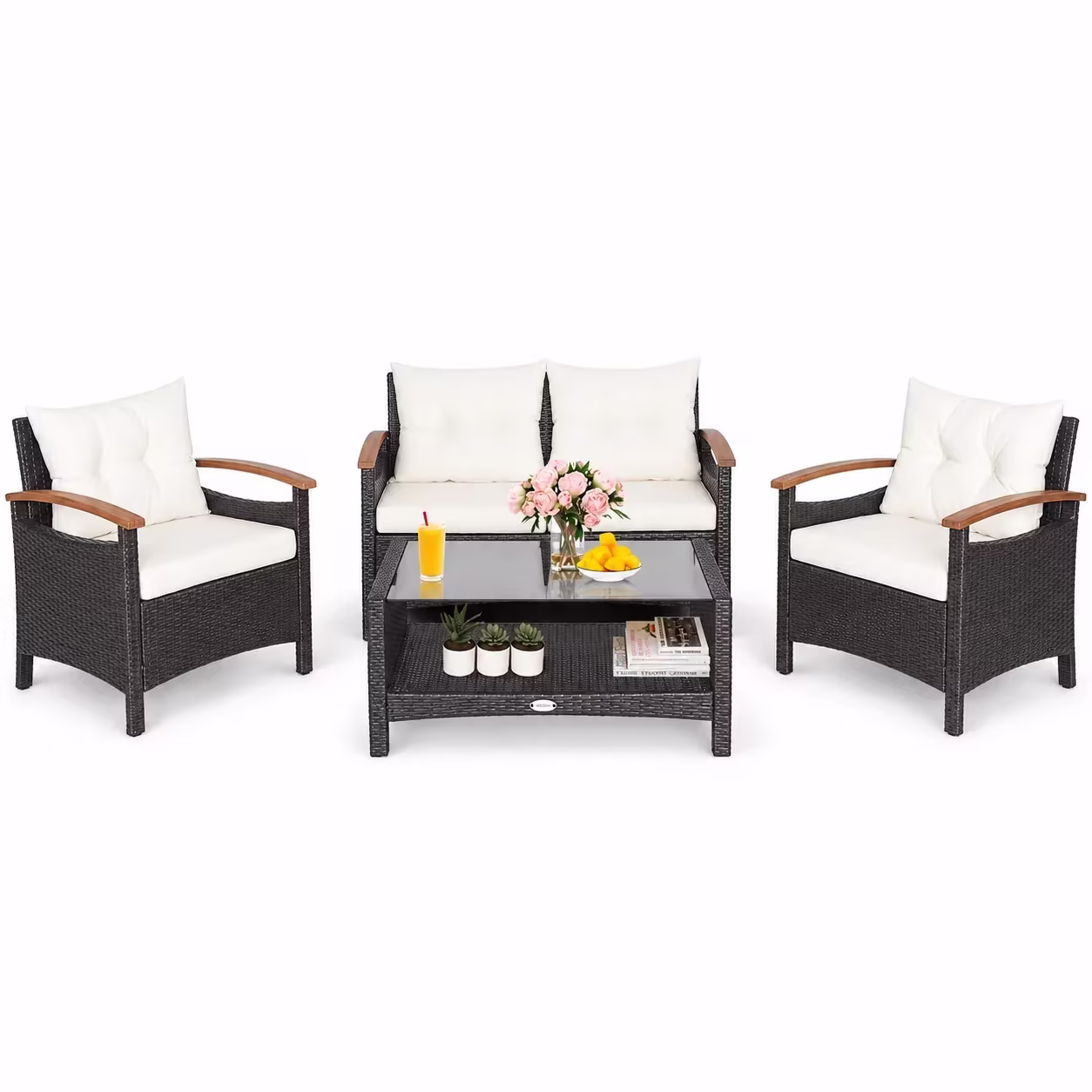 Patiojoy Patio Rattan 4PCS Cushioned Chair Side Table Set Bistro Set Classic Furniture Single Sofa Thick Cushion Loveseat for Garden Off White