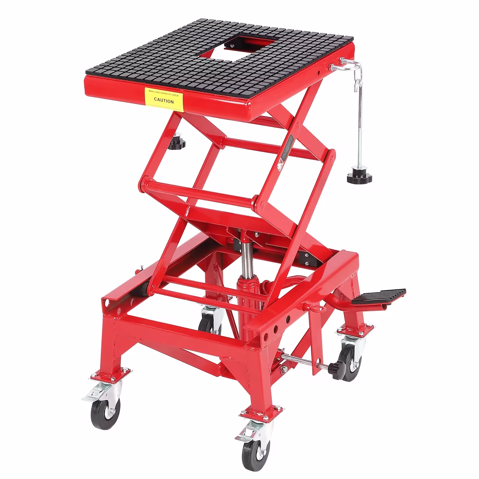 BeesClover 350 lb Hydraulic Motorcycle Scissor Lift Table, Wide Deck, J-Hooks, 4 Wheels and Foot Pedal