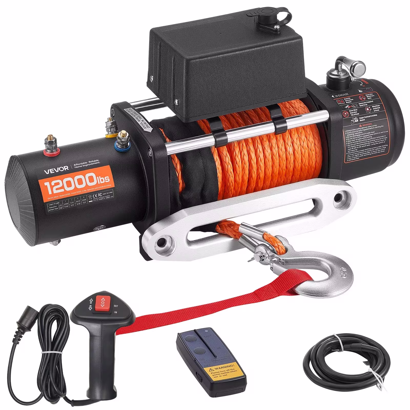 VEVOR 12,000 lb 12V Electric Truck Winch, 0.36 Inch x 75.5 ft Synthetic Rope, Wired/Wireless Controls, IP55