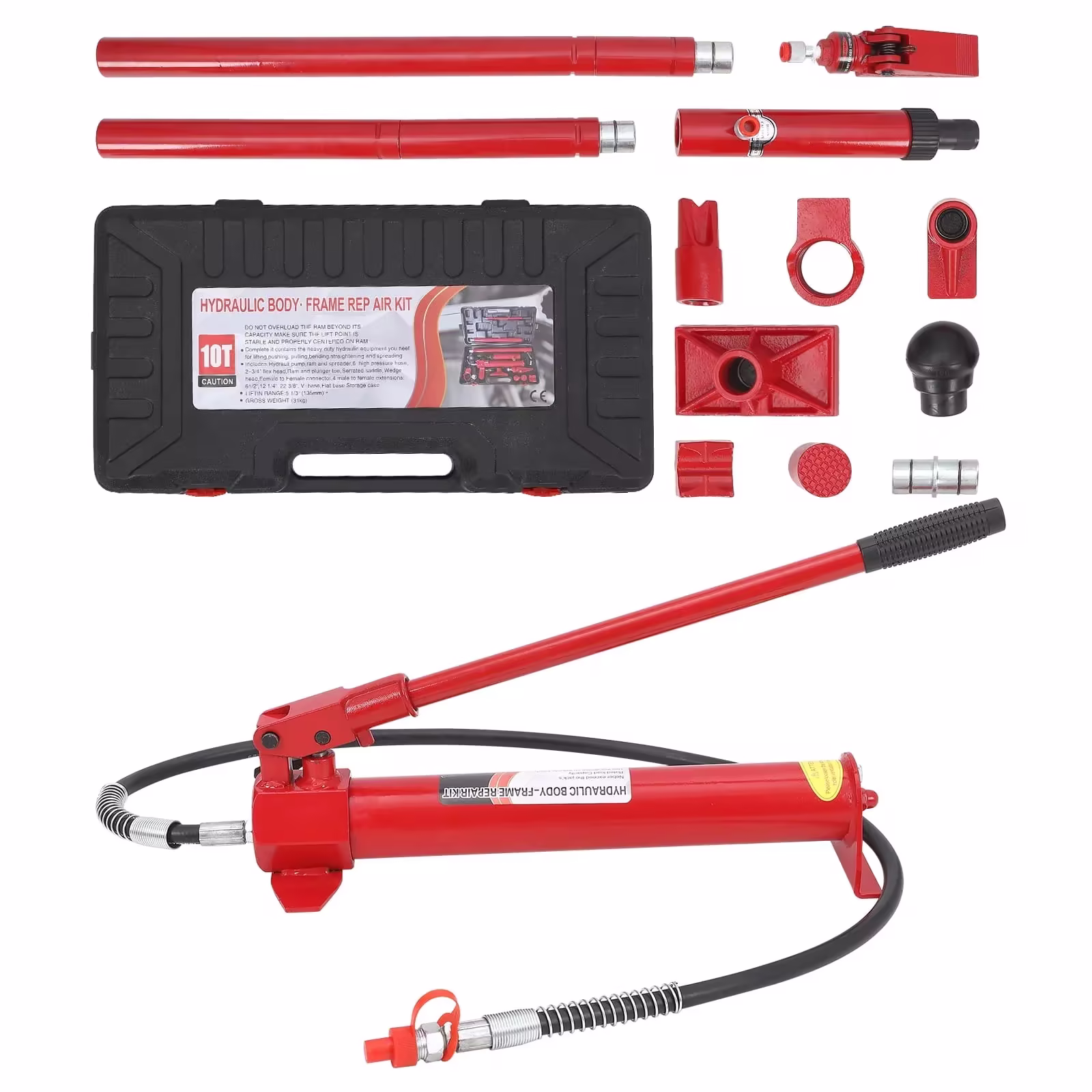 Power Hydraulic Kit with Blow Molded Portable Storage Box, Body Repair Tools for Loader Truck Bed Unloader Farm, 4 10 12 or 20 Ton, Black and Red