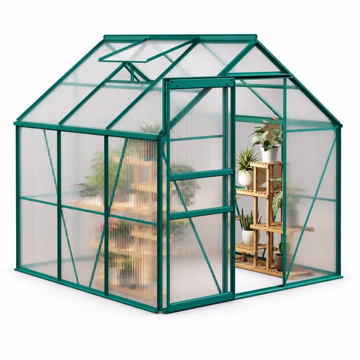 Polycarbonate Greenhouse with Roof Vent, Ground Nails, Lockable Push Door, Aluminum Large Walk-in Green House for Outside Garden