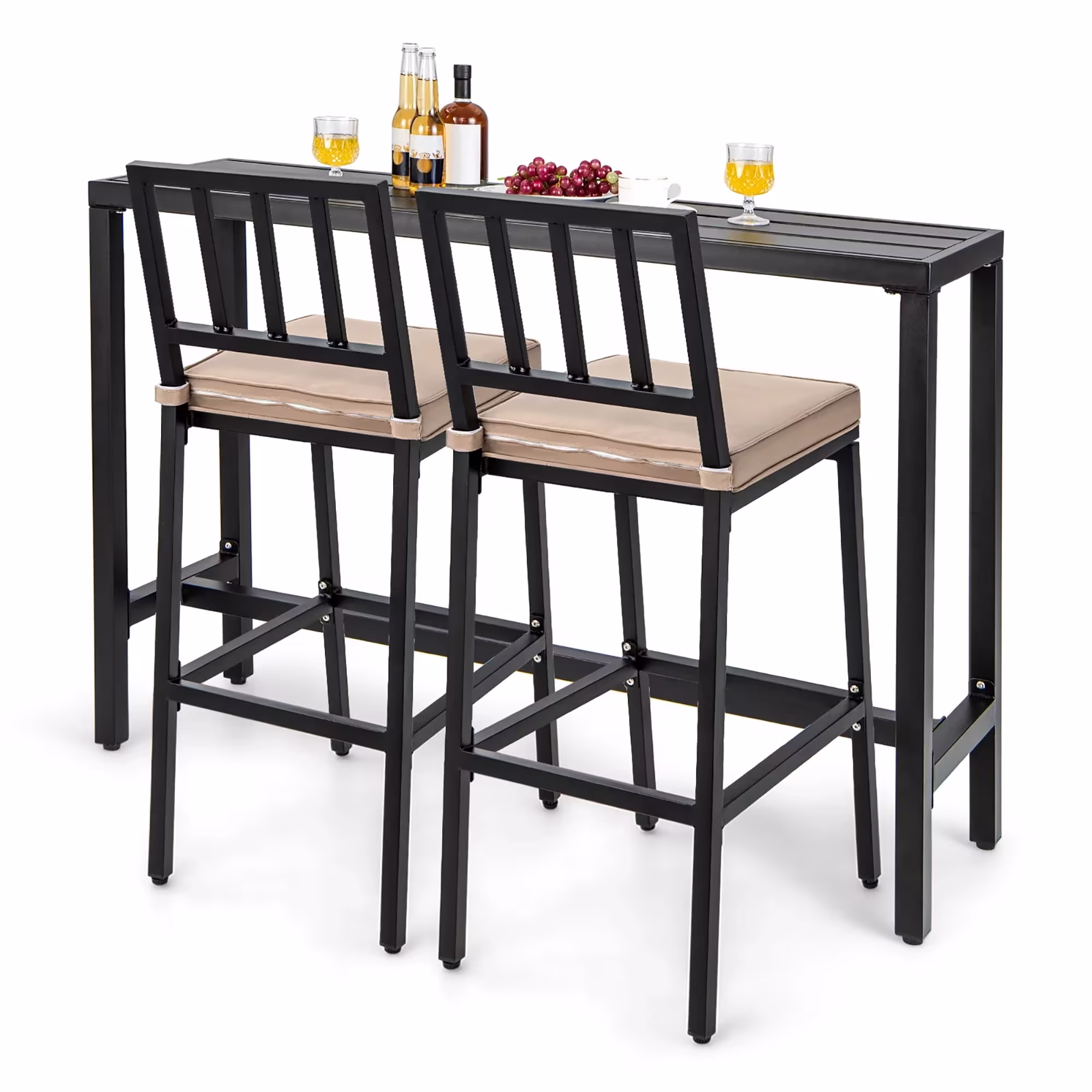 Costway 3PCS Outdoor Metal Bar Table & Chairs Set Patio Dining Table Set with Cushion