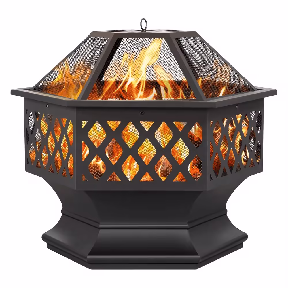 Yaheetech 24in Heavy Duty Fire Pit with Mesh Poker Sides Cover Steel Heater Fireplace Wood Burning Hex Shaped Fire Pit Bowl