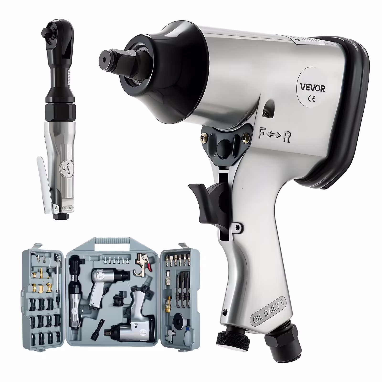 VEVOR 50 Pieces Pro Air Tool and Accessories Kit - 1/2" Air Impact Wrench, 3/8" Ratchet Wrench, 4500BPM Hammer, Blow Gun & Full Accessories