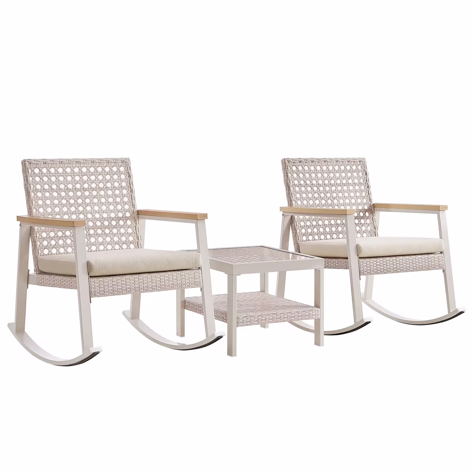 SONGMICS HOME Sencillo Collection Outdoor Steel 3 piece Rocking Chair Set, Bone Color