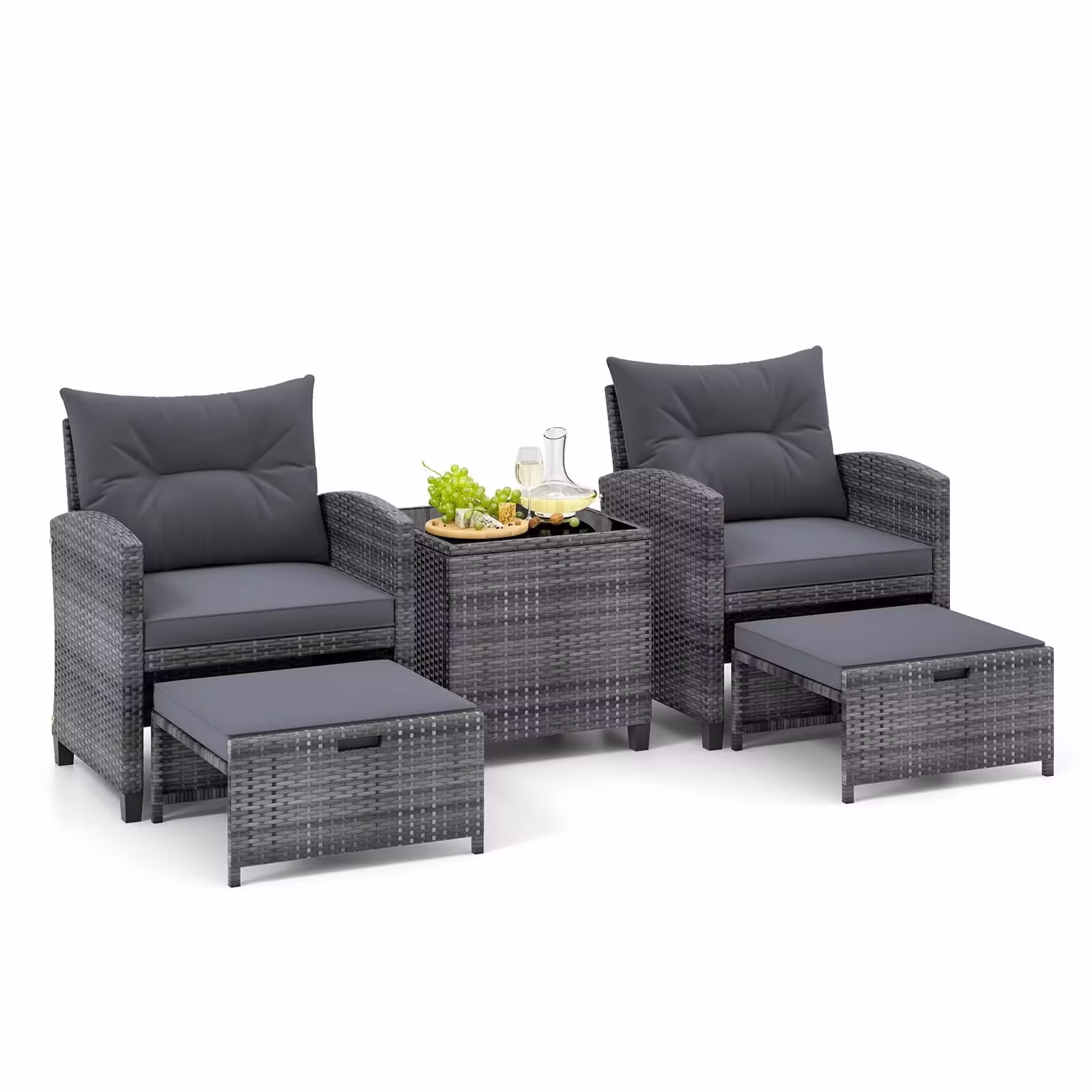 Costway 5 Piece Patio Rattan Furniture with 2 Ottomans & Tempered Glass Coffee Table Grey