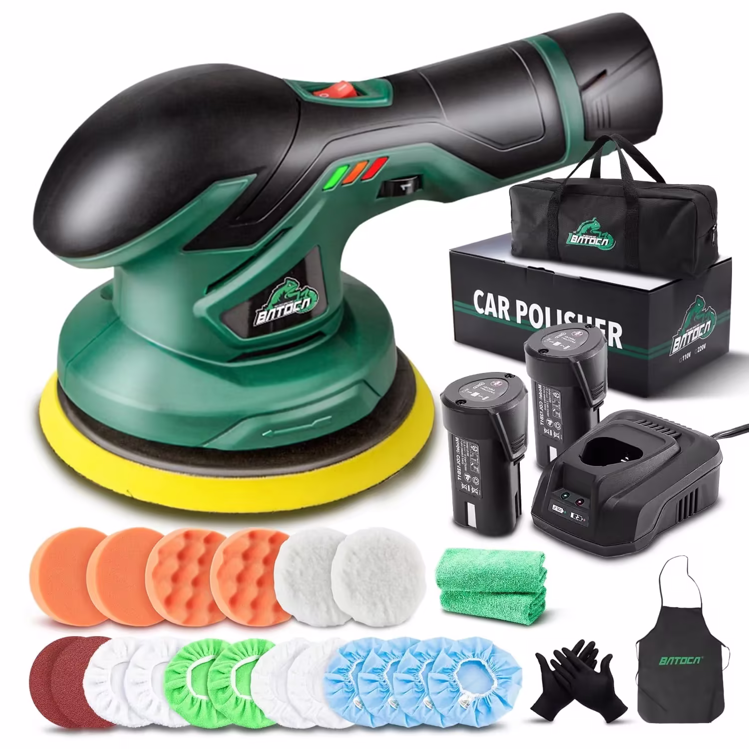 BATOCA - Cordless Car Buffer Polisher - 2pcs 2.0Ah 12V Lithium-ion Rechargeable Battery Powered Brushless Polisher with 6 Variabl
