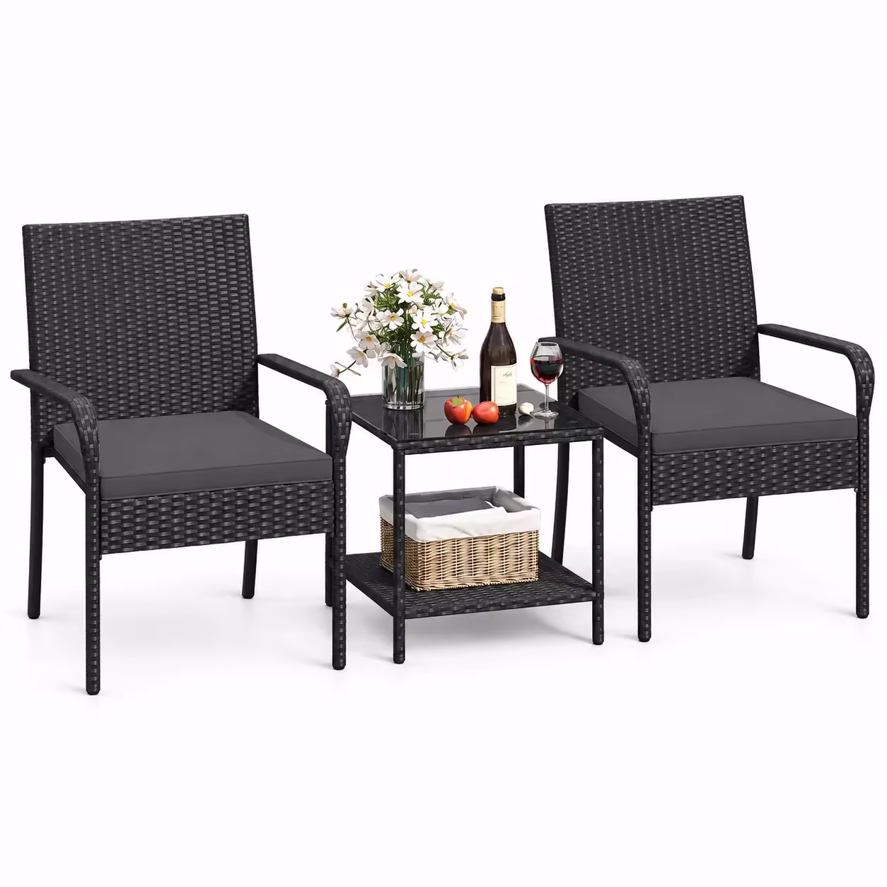 Gymax 3 Piece Patio Furniture Set Outdoor Wicker Chair & Table Set w/ Seat Cushions Black