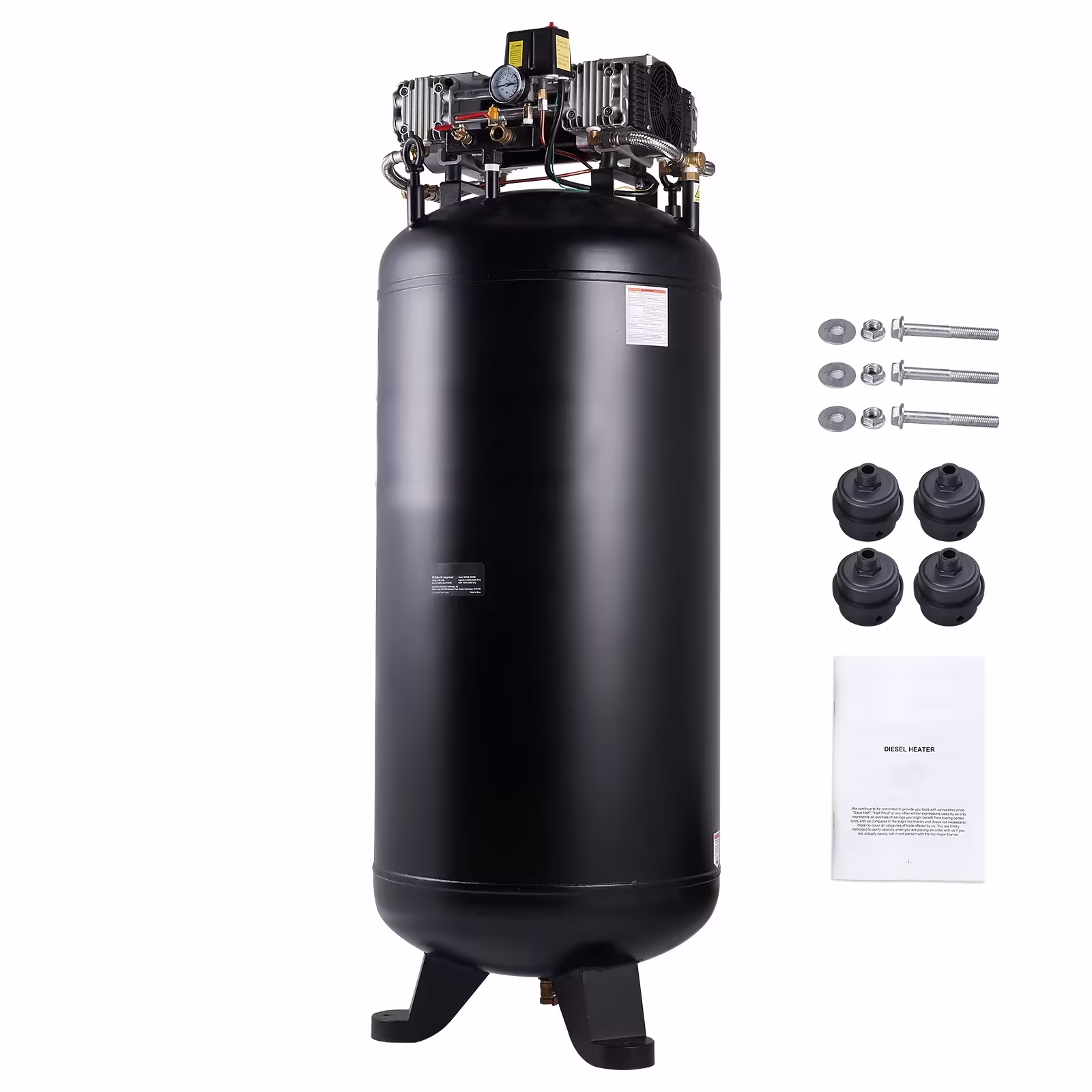 KFFKFF 80-Gallon Air Compressor, 6.5 HP, 15.5 SCFM at 90 PSI, Dual-Stage, 145 PSI, Oil-Free, 86 dB