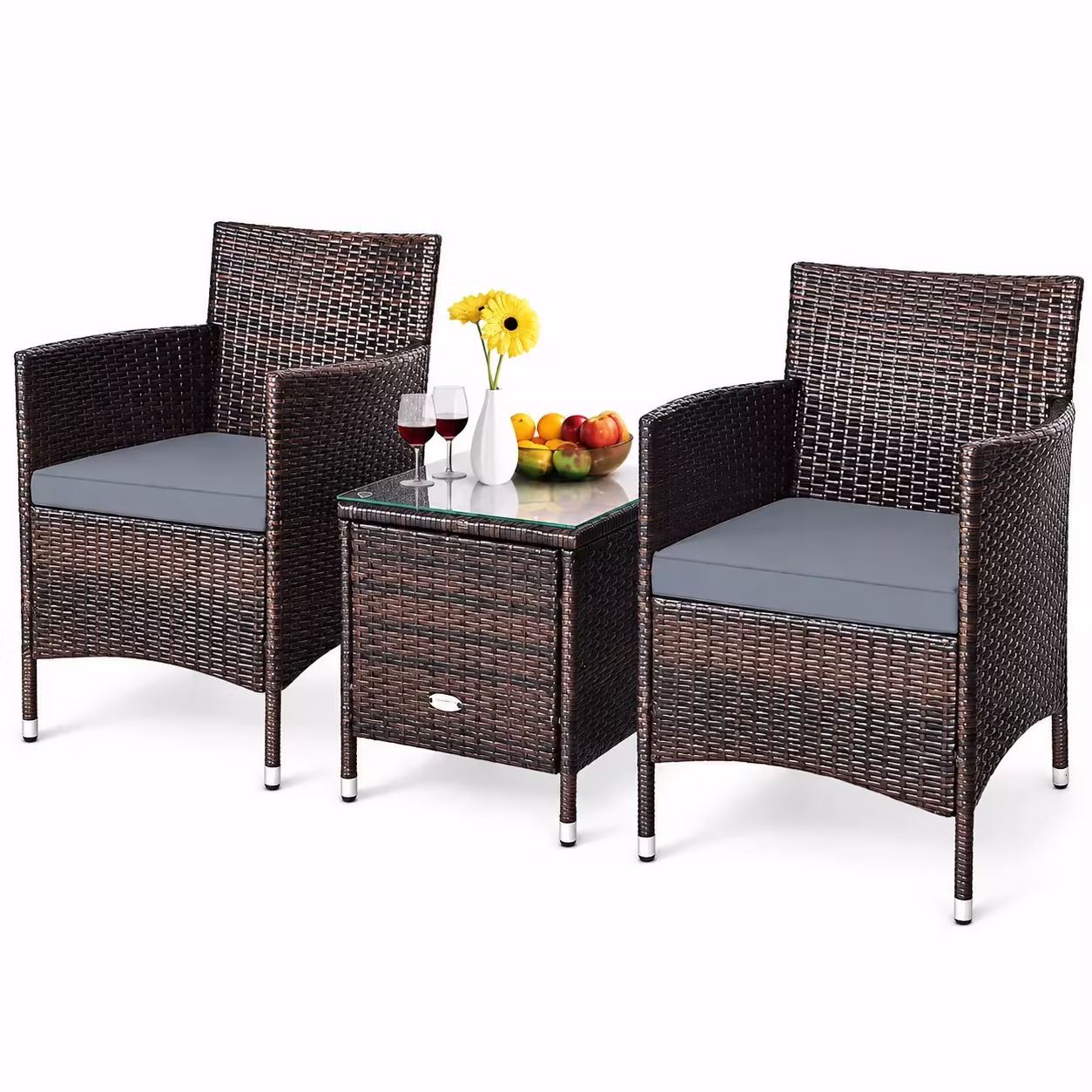 Patiojoy 3-Piece Patio Wicker Rattan Furniture Set Conversation Sofa Set W/Coffee Table Grey