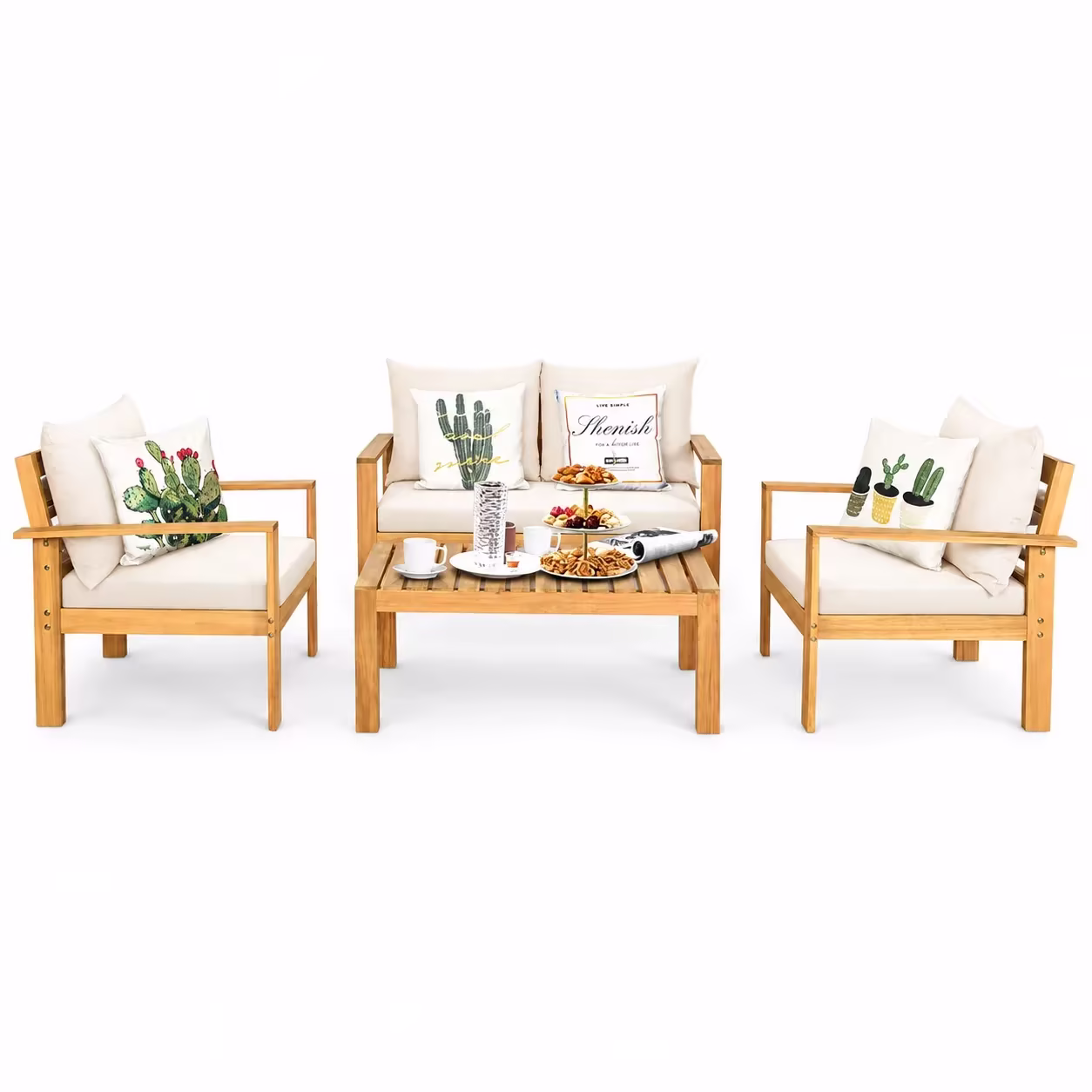 Costway 4PCS Patio Furniture Set Acacia Wood Thick Cushion Loveseat Sofa Off White