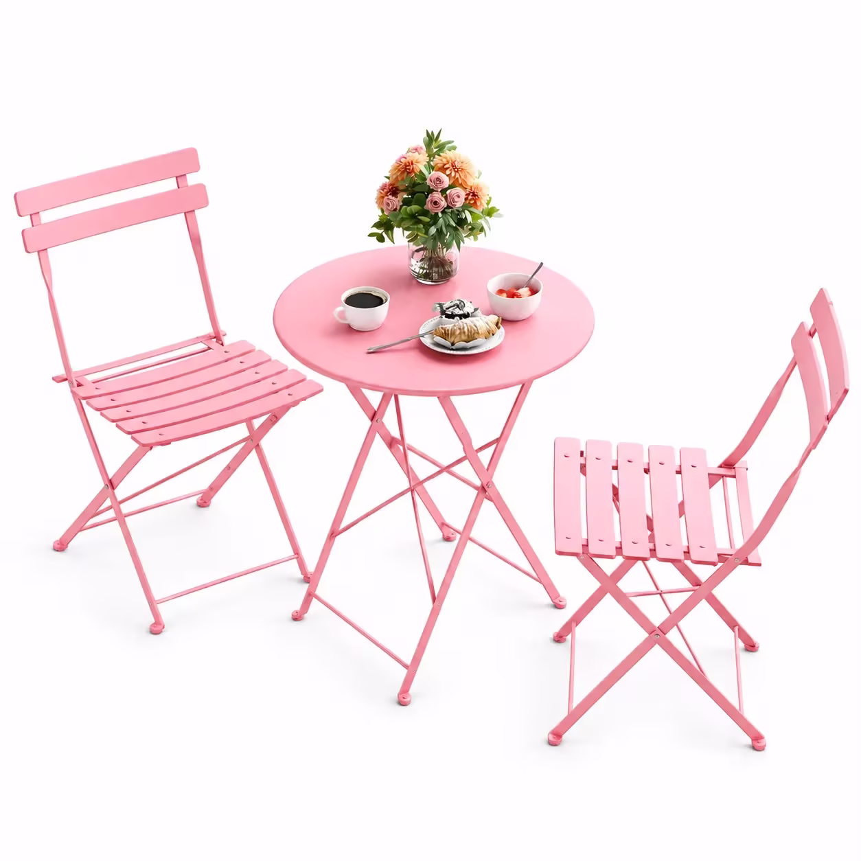 Bingirl 3-Piece Folding Metal Patio Bistro Set, Coffee Table and 2 Chairs for Balcony, Porch or Garden, Pink