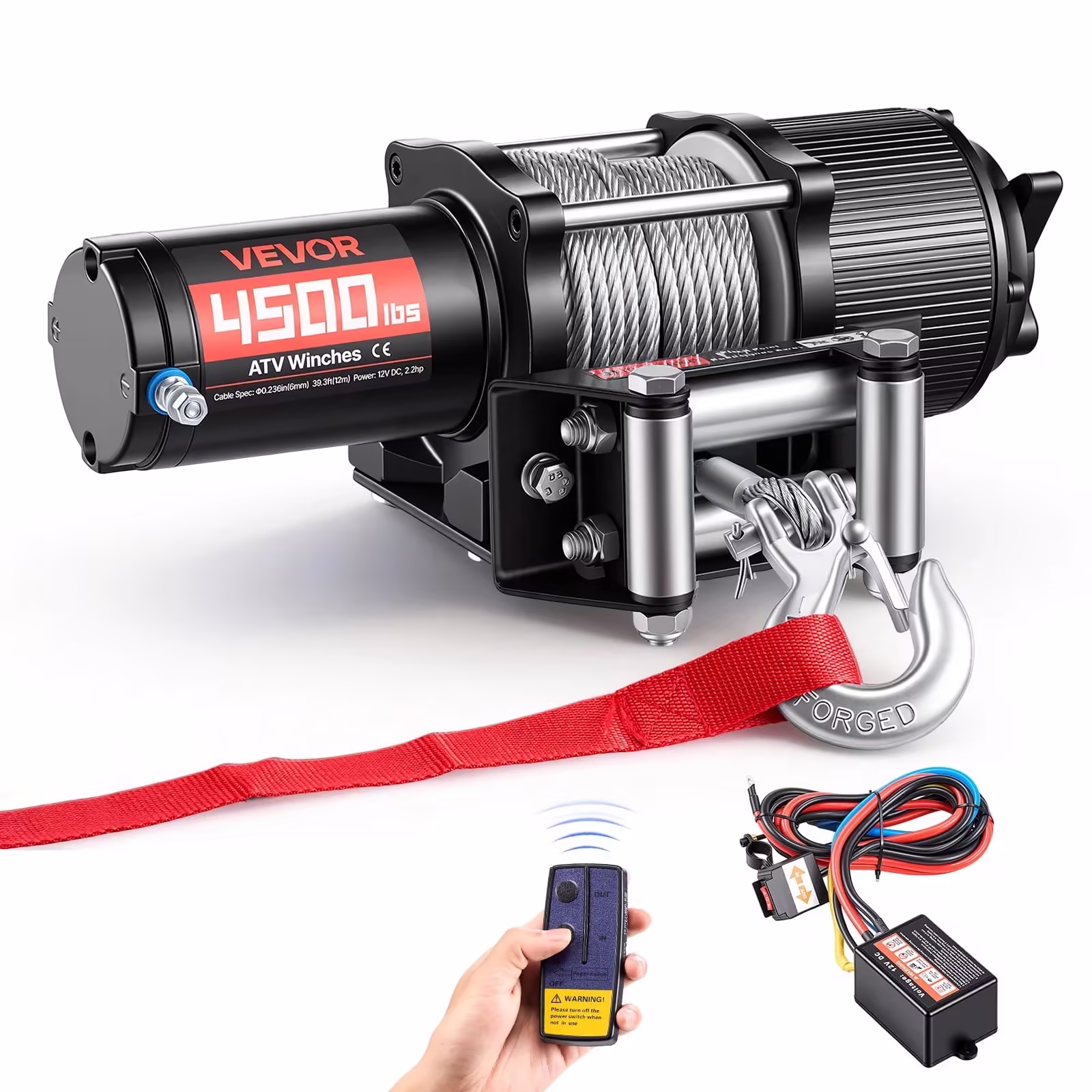 VEVOR 4500 lb 12V ATV/UTV Electric Winch, 0.24 Inch x 39.4 ft Steel Rope, Wired/Wireless Controls, IP54