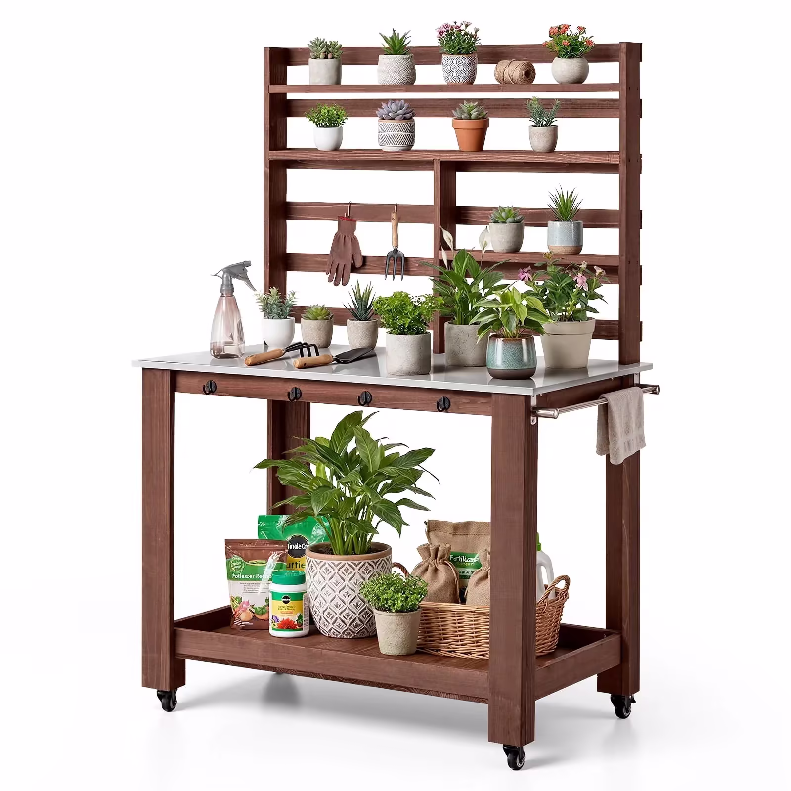 VEVOR Potting Bench, 45x26 Inch Stainless Steel Top, Storage Shelves, Hooks and 4 Casters, Brown