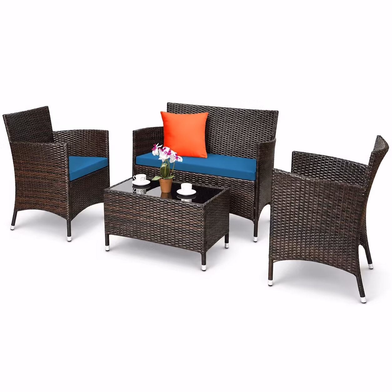 Costway 4PCS Rattan Patio Furniture Set Cushioned Sofa Chair Coffee Table Peacock Blue