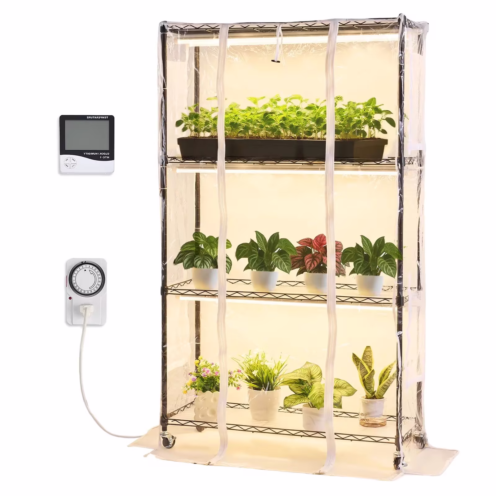 KFFKFF Indoor Greenhouse with Grow Light, 59 in Tall 4-Tier Plant Stand with Clear Cover, Timer & Hygrometer, 180W Full Spectrum Grow Lights