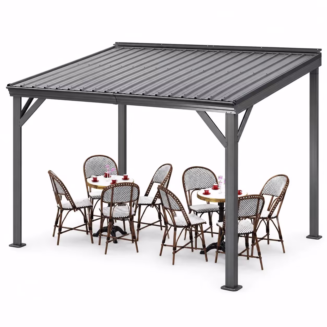 Domi 8x10FT Lean-To Gazebo, Wall-Mounted Hardtop with Galvanized Steel Roof, Aluminum Frame & Drainage System for Deck/Porch/Backyard
