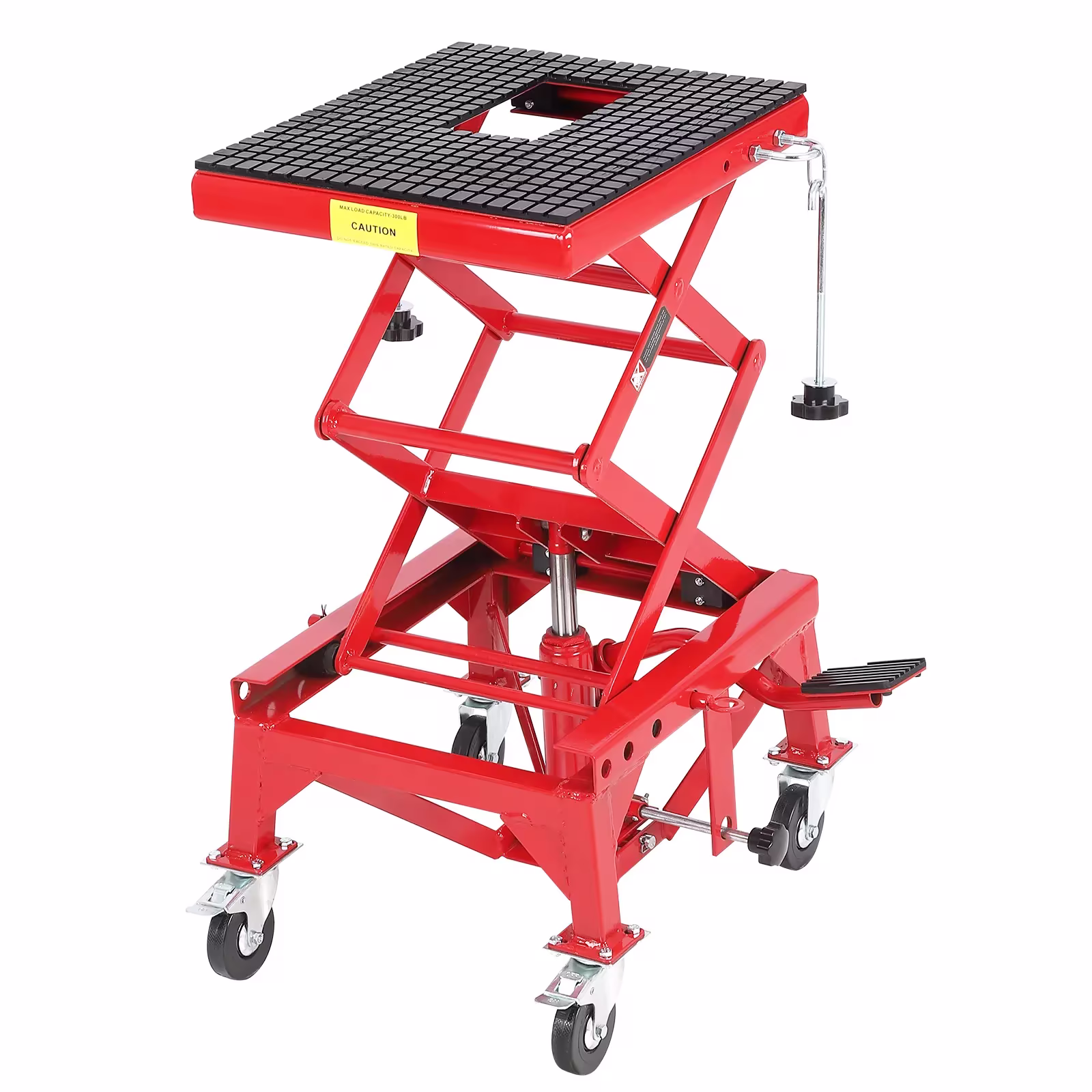 AKDSteel Hydraulic Motorcycle Lift Jack Table, 350 Lbs Capacity Heavy Duty Scissor Jack With Wide Deck, j-Hooks, And 4 Wheels For Atv And Dirt Bikes
