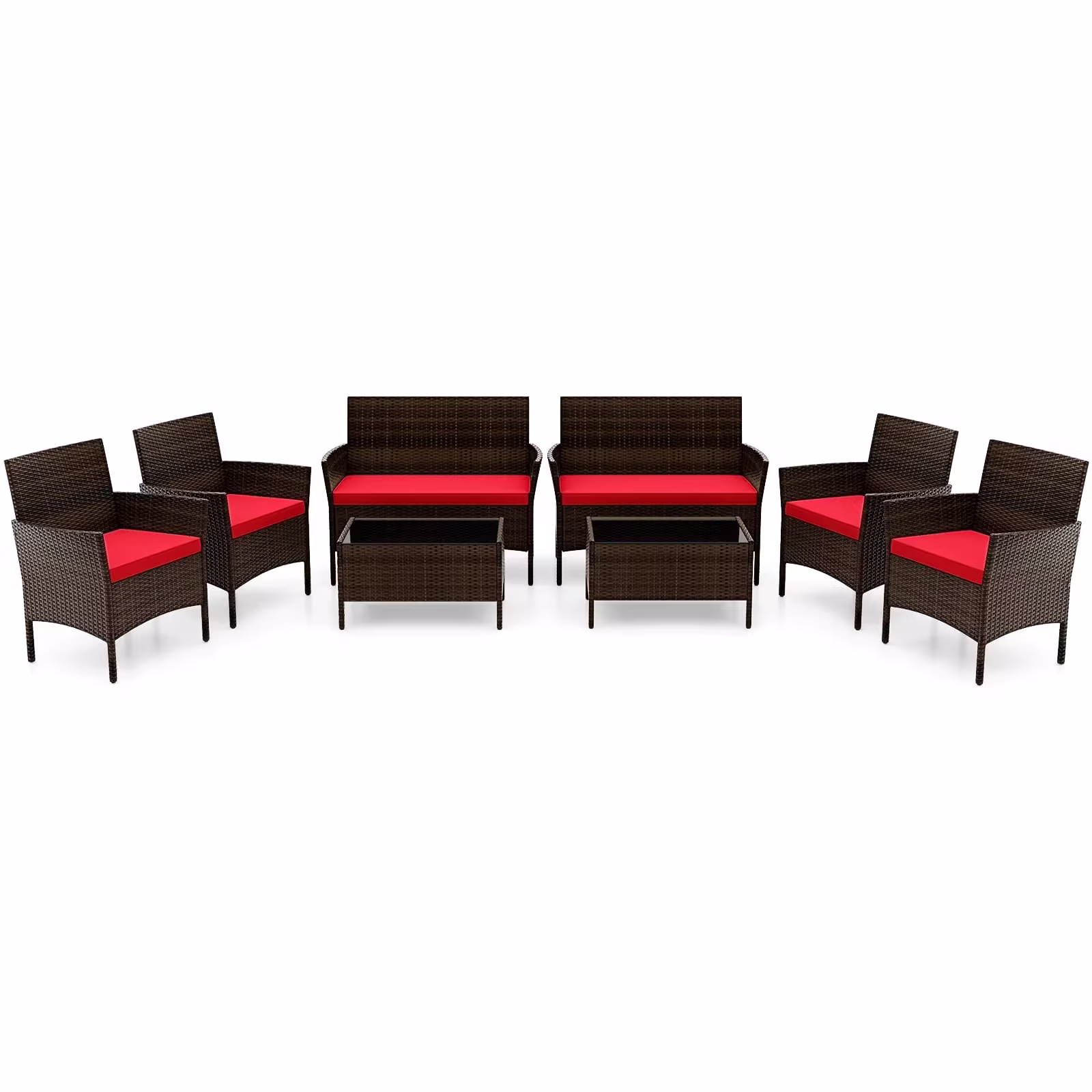 Costway 8PCS Patio Rattan Furniture Set Cushioned Sofa Coffee Table Backyard Porch Red