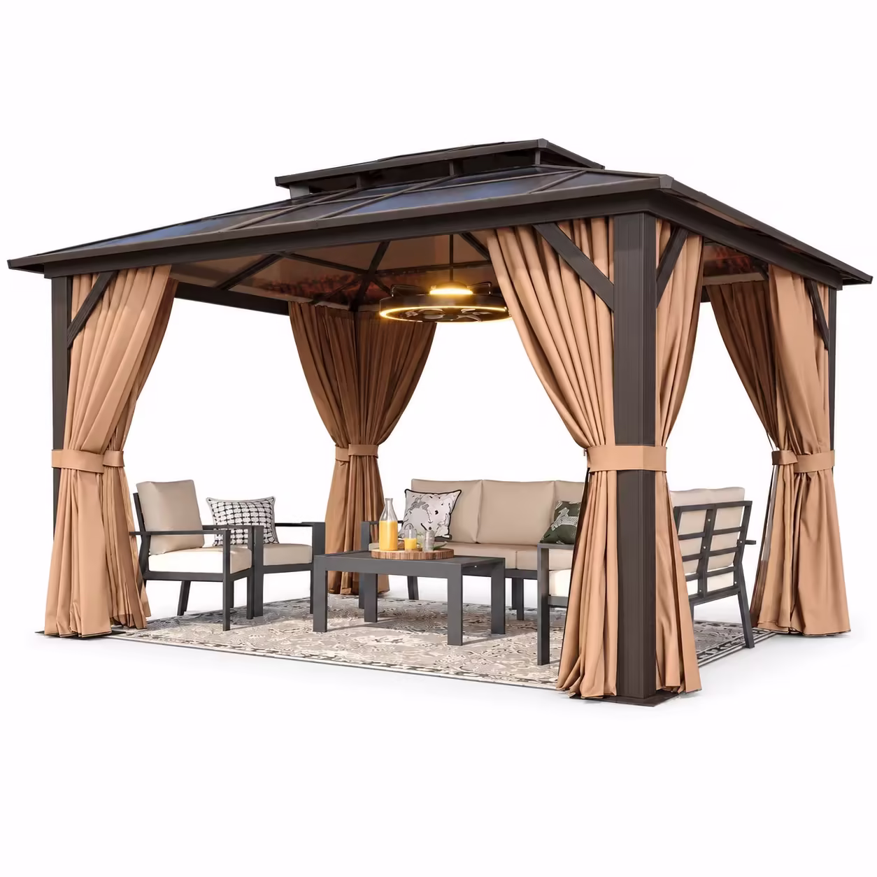 Aoxun 10 ft. x 12 ft. Hardtop Gazebo, Double Polycarbonate Roof Aluminum Frame Gazebo W/Curtain and Netting, Brown