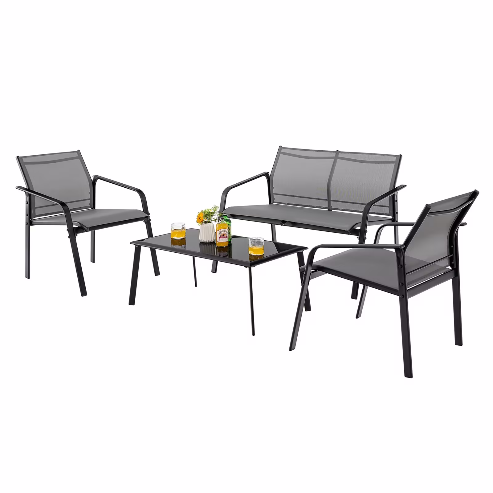 Costway 4 PCS Patio Furniture Set Loveseat Sofas Armrest Glass Table Deck Grey