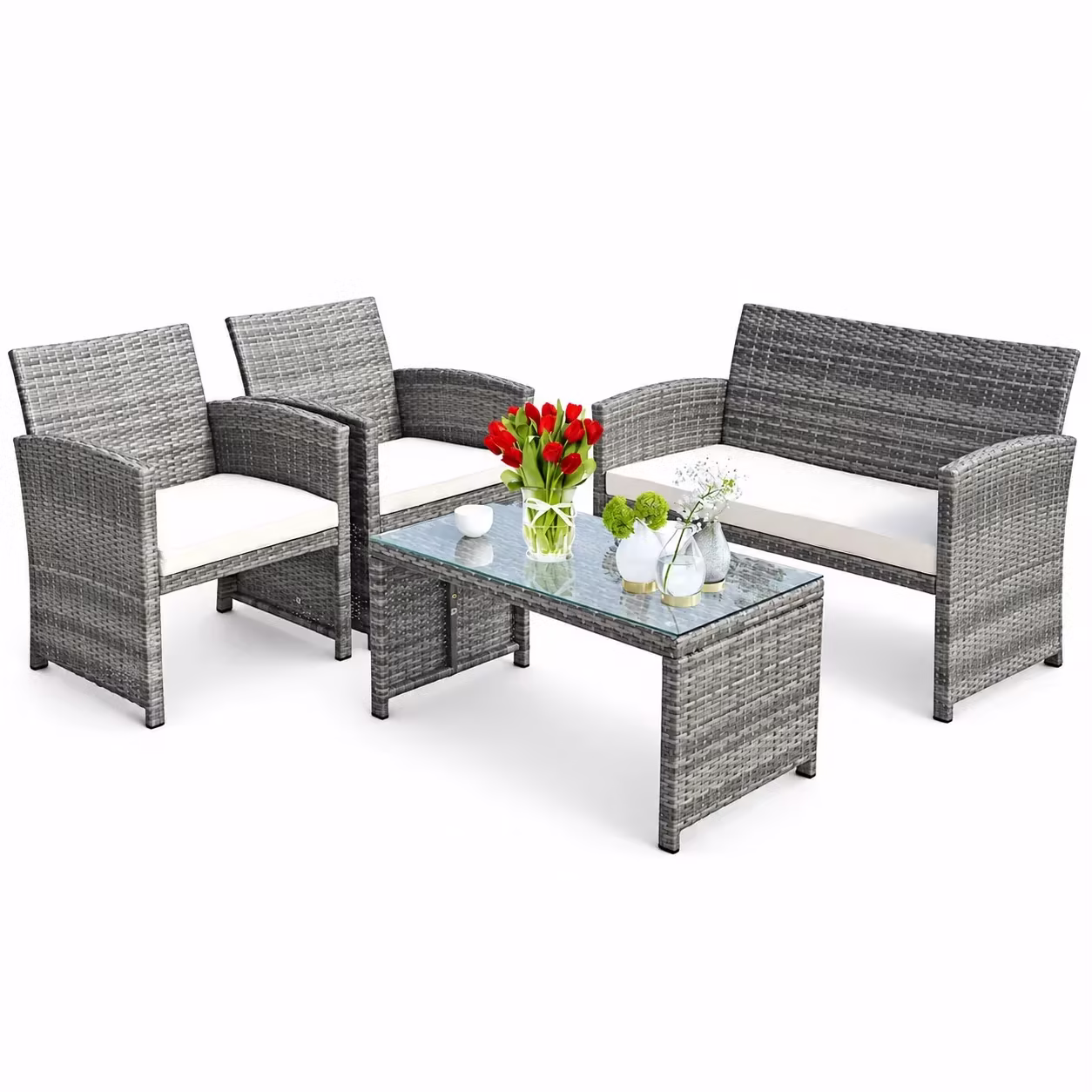 Costway 4pcs Rattan Wicker Patio Furniture Set Garden Lawn Sofa Cushioned Seat Mix