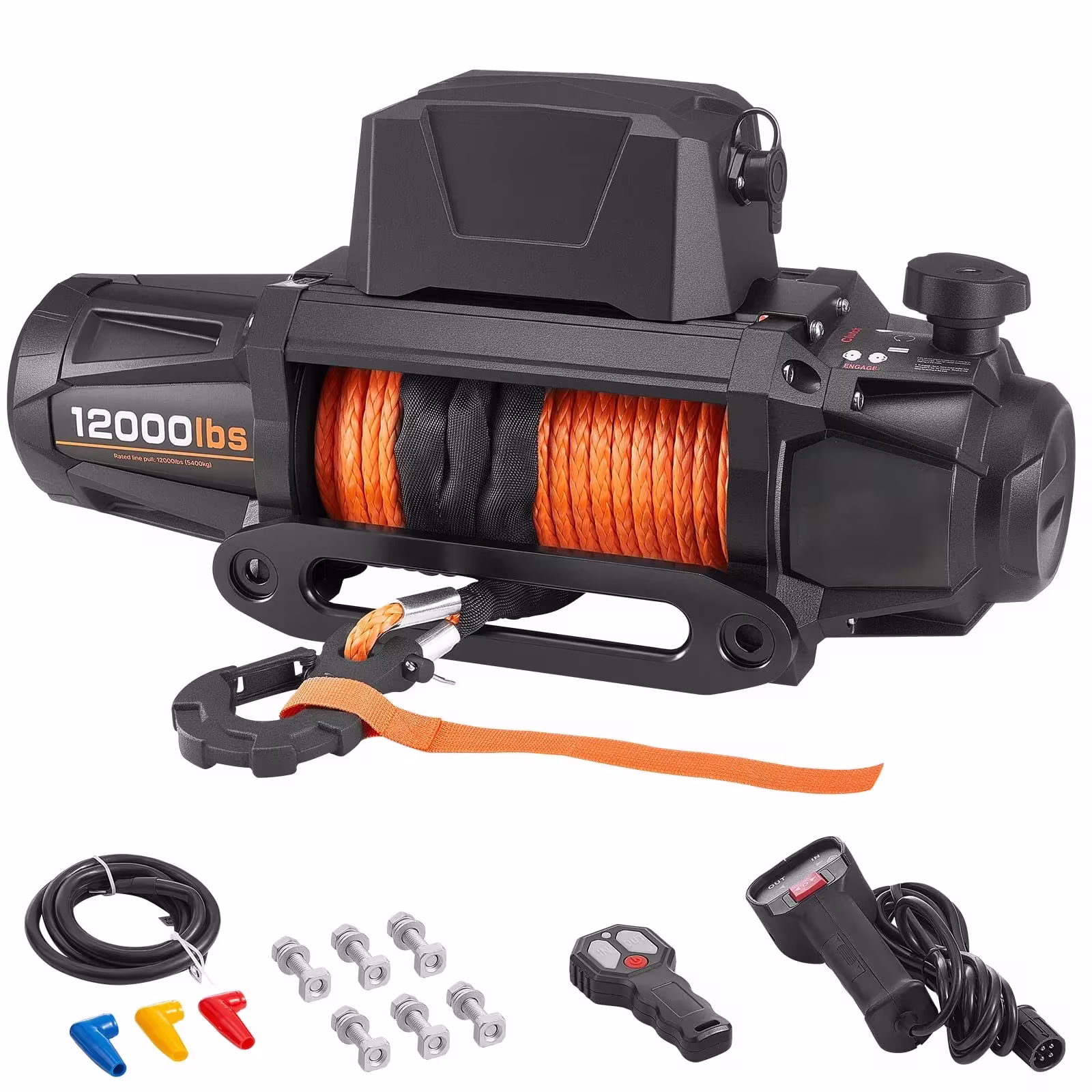 KFFKFF Electric Winch, 12000 lbs Load Capacity, 12V DC Truck Winch with Φ3/8 in x 92 ft Synthetic Rope, Wireless & Wired Remote Control